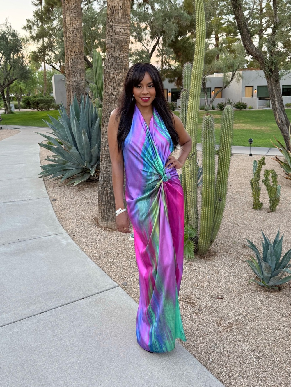 Multicolor Halter Maxi Dress | Satin Knot Front Slit | Vacation Resort Glam